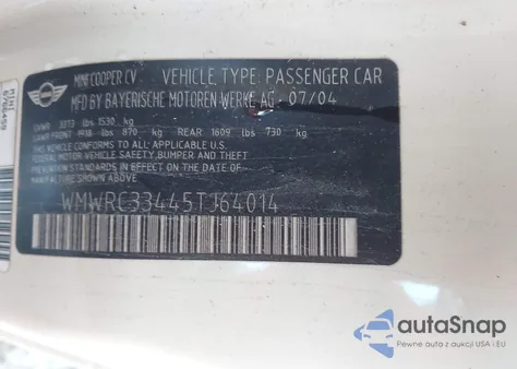 2005 Mini Cooper из США, поврежденный, VIN WMWRC33445TJ64014